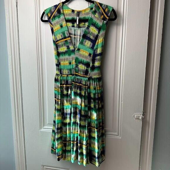 Plenty Tracy Reese Sundress Womens XS Green Yellow Abstract Sleeveless V-Neck - Picture 1 of 8
